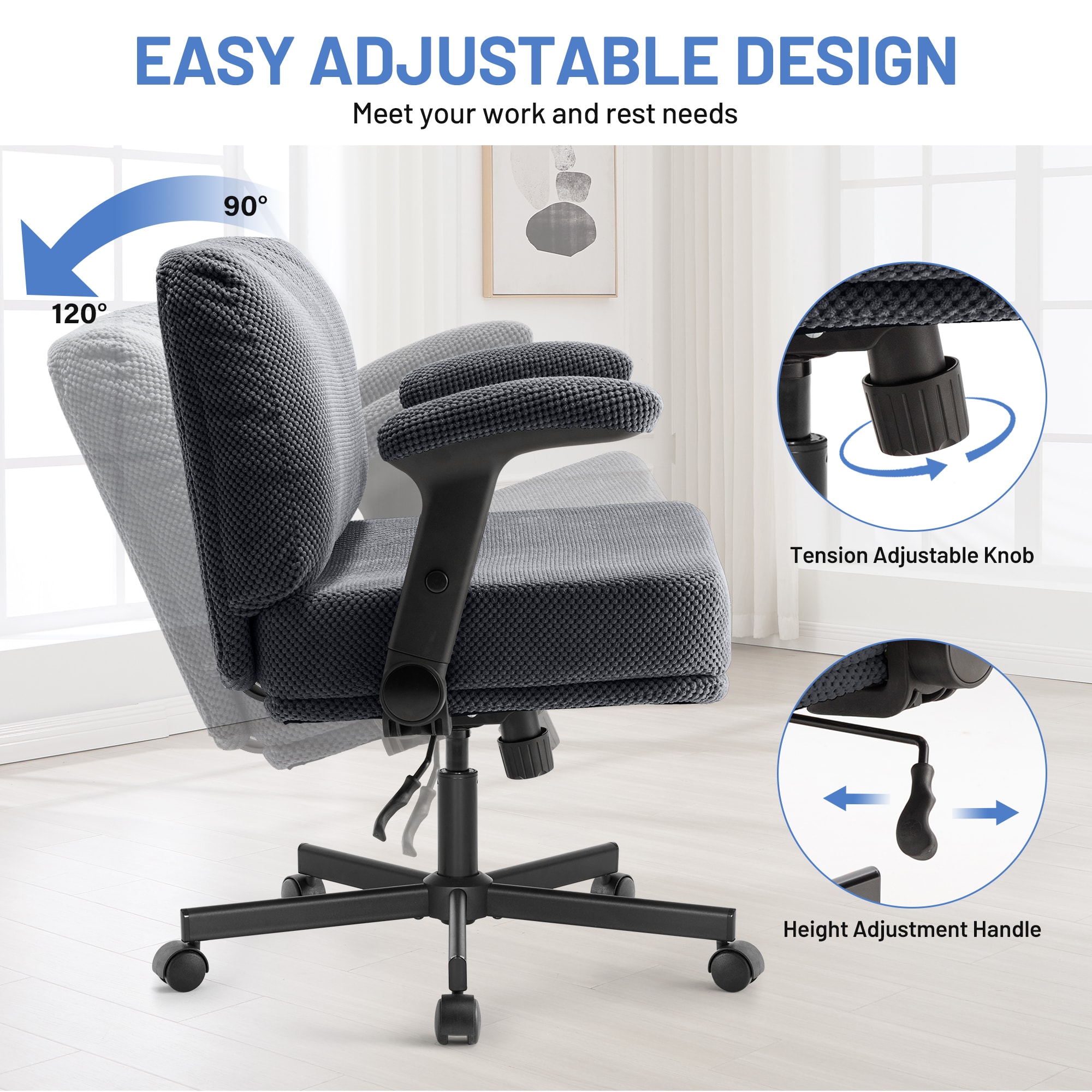 Criss Cross Chair With Wheels And Flip Arms- Comfy Fabric Cross Legged Office Chair With Thick Cushion&Wide Seat, Adjustable Swivel Desk Chair For Home Office, Apartment, Bedroom_voghion.com